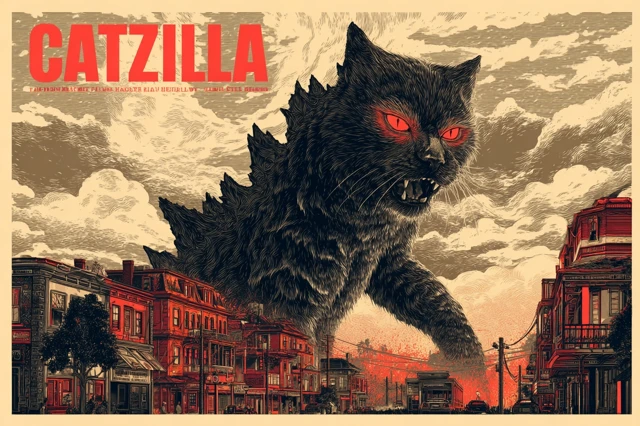 Catzilla Terrorizes George Town Vintage Poster Illustration