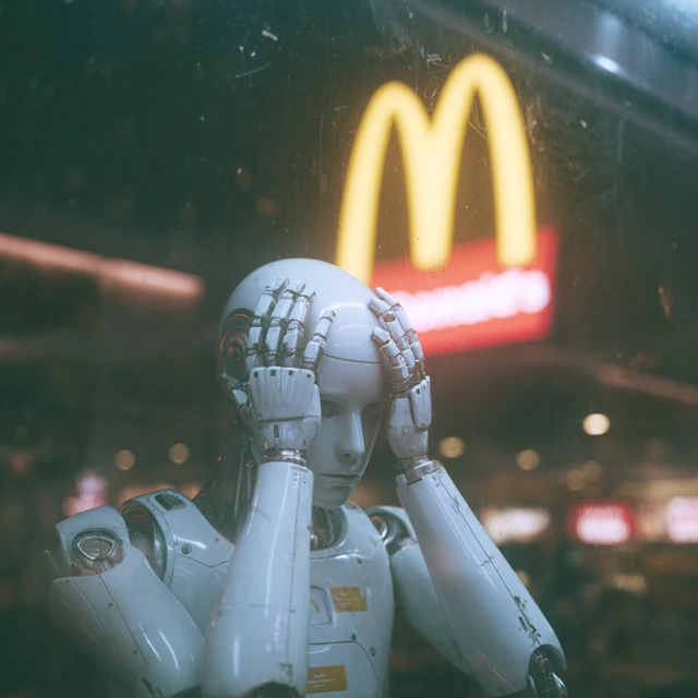 Disappointed AI Robot in McDonald&#039;&#039;s Cyberpunk Scene