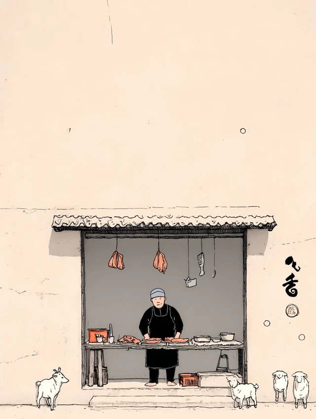 Mutton Shop Minimalist Ink Drawing