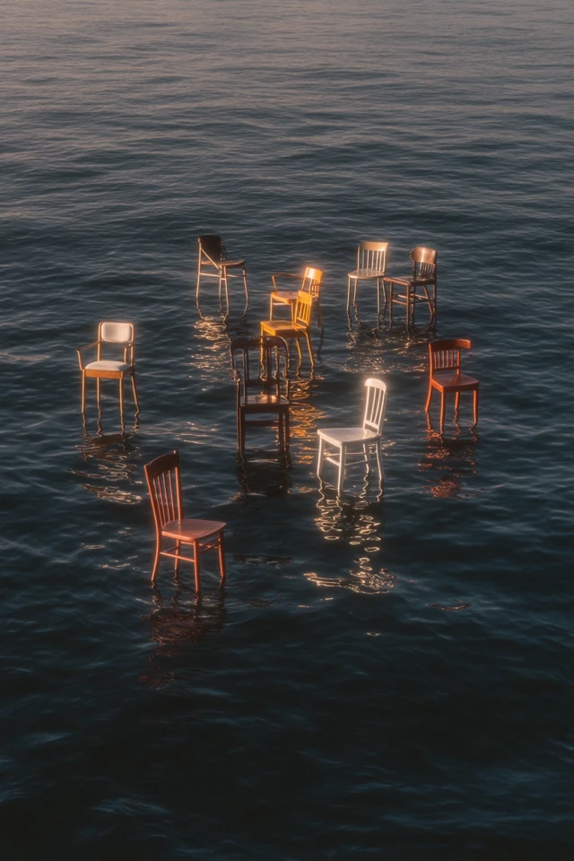 Designer Chairs on Ocean: Dreamlike Abstract Scene