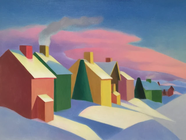 Snowy Village Painting Morning Sunrise Sky