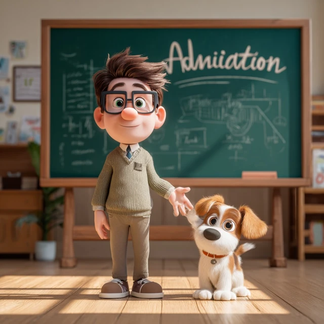 Pixar Classroom with Teacher and Puppy