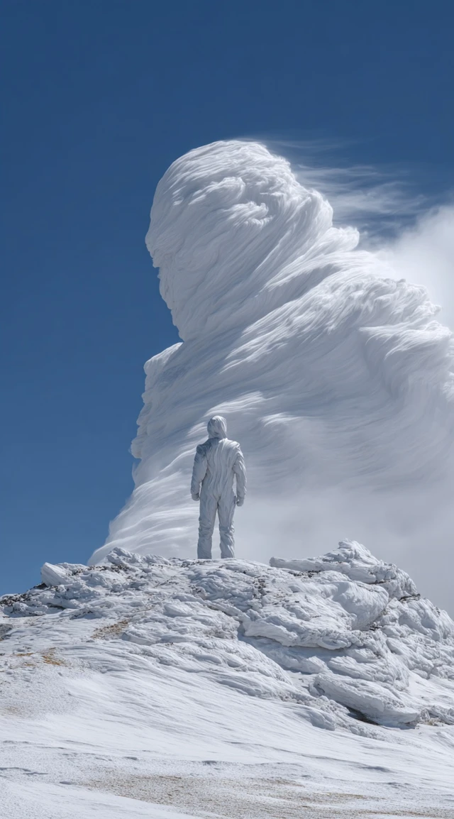 Cloud Ice Man Sculpture on Mountain Top