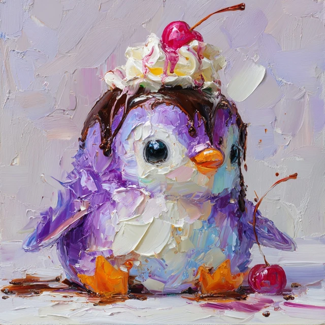 Cute Purple Penguin Dessert Painting by Konstantin Razumov