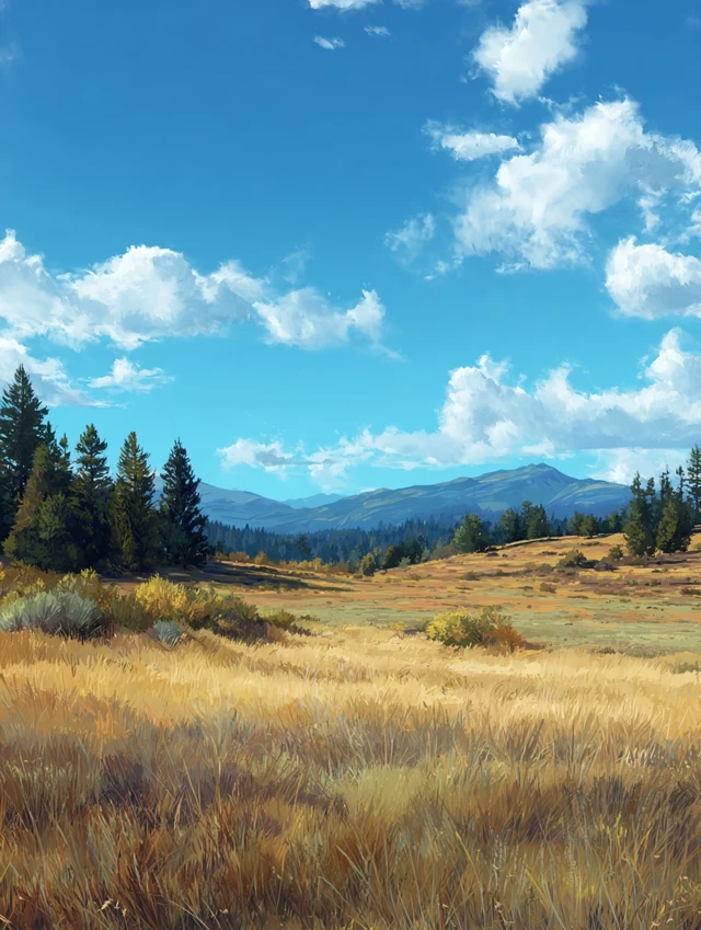 Grassy Field Forested Mountains and Blue Sky Landscape