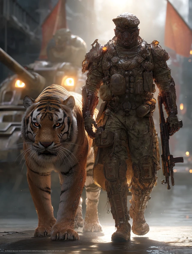 Indian Army Captain and Armored Tiger Cinematic Portrait