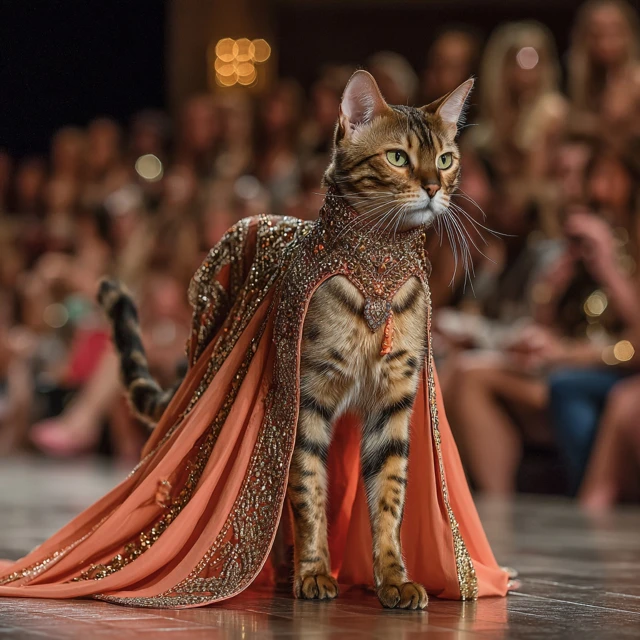 Bengal Cat in Couture Gown on the Runway