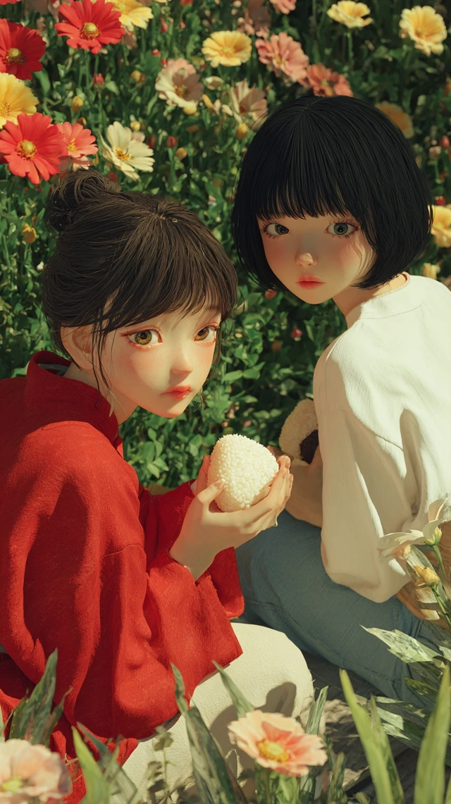 Japanese Friends in Garden Candid Moment