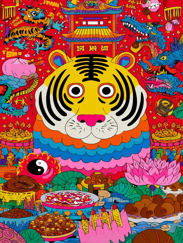 Asian Folk Art Illustration Psychedelic Colors