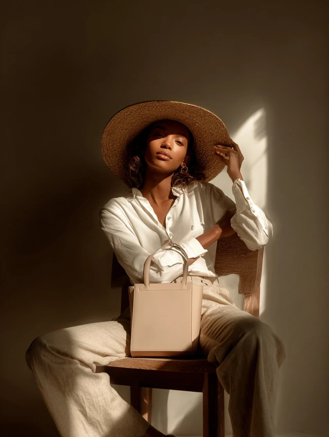 Elegant Woman in Straw Hat Editorial Photoshoot