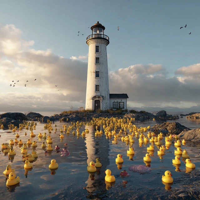 Lighthouse with Rubber Ducks Surreal Ocean Scene