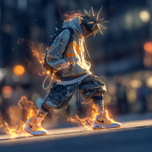 Anime Streetwear Character on Fire - 8K Ultra HD