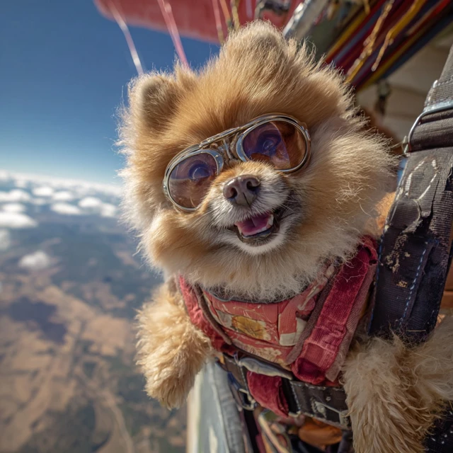 Pomeranian Dog in Aviator Glasses Skydiving