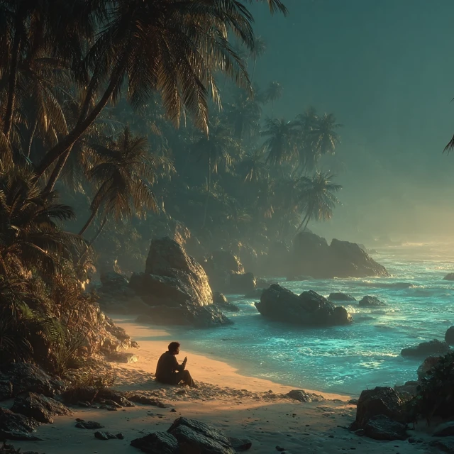 Man Smoking Cigar on Beach Alone Palm Trees