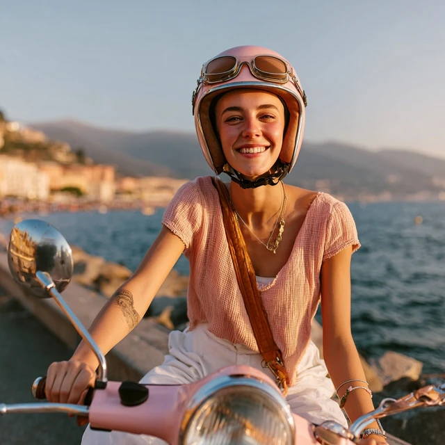 Woman on Scooter Seaside Road Smiling