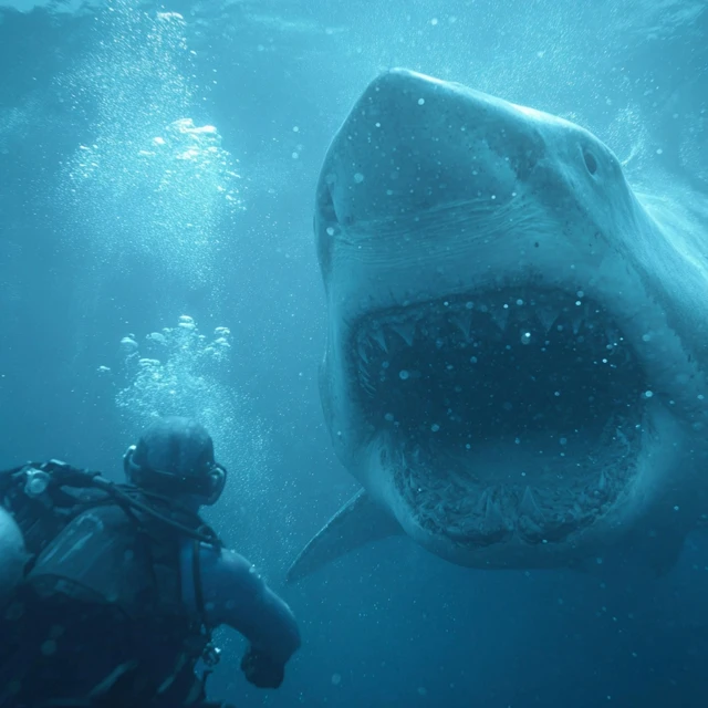 Diver and Great White Shark Underwater Encounter