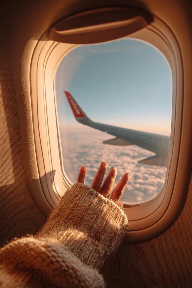 Airplane Window View Golden Hour Hand Clouds