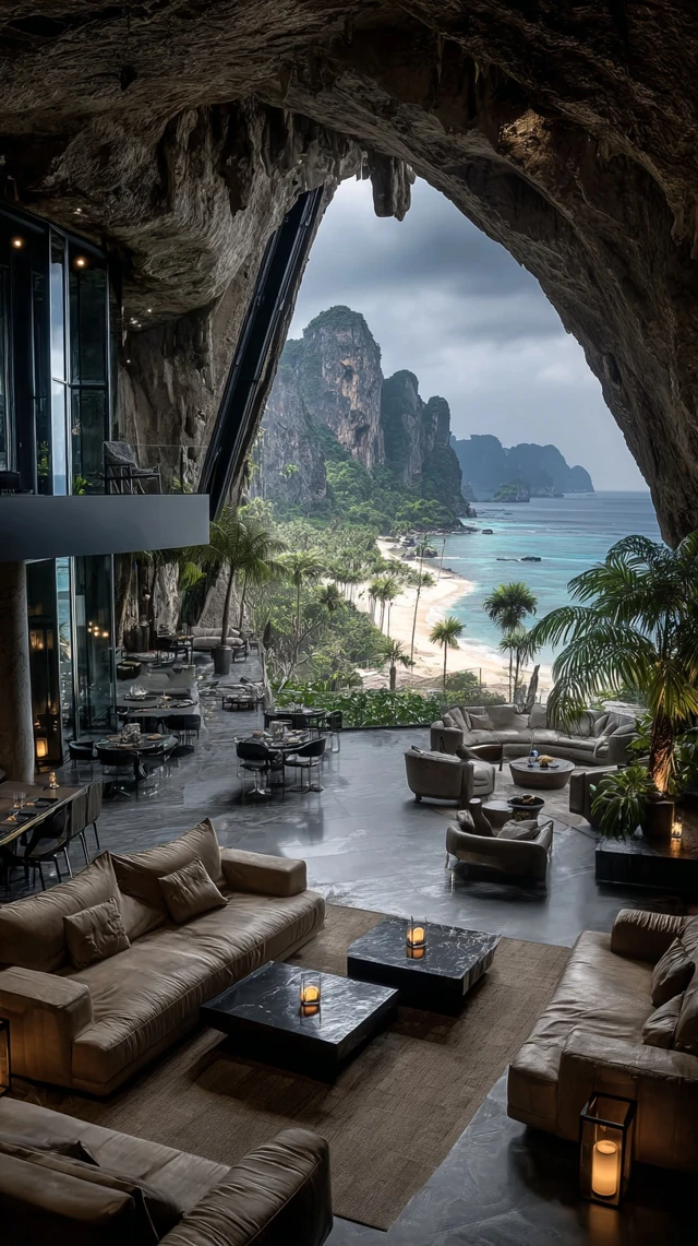 Luxury Cave Lounge Interior with Beach View