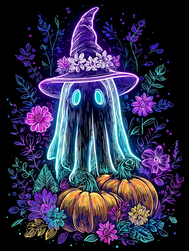 Neon Halloween Ghost with Witch Hat and Pumpkins
