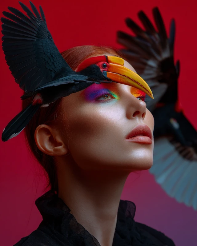 Red Haired Girl Portrait Surreal Hornbill Fashion