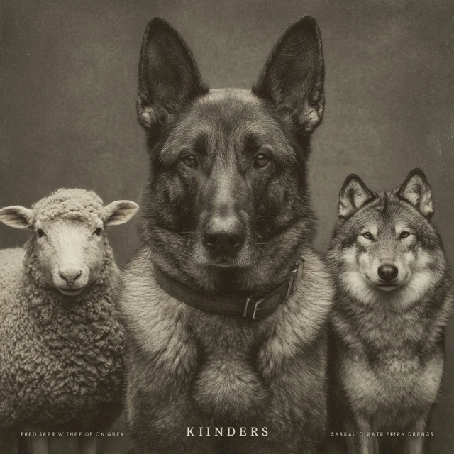 K9 Police Dog Guarding Sheep and Facing Wolves