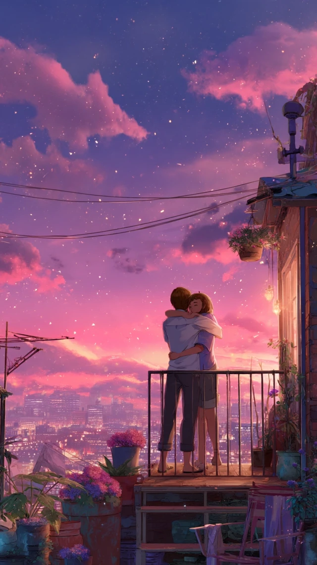 Romantic Anime Couple Under Pink Skies