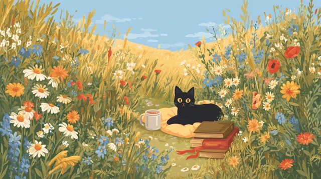 Dreamy Meadow Cat Illustration