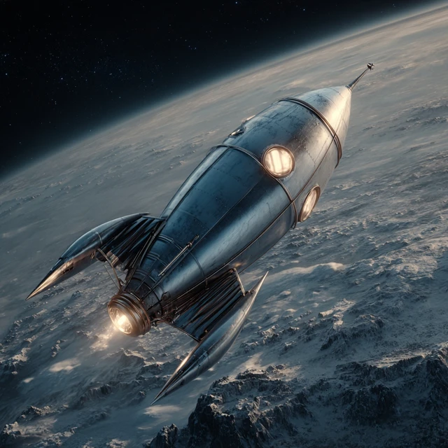 Retro Rocketship Flying in Space Over a Planet