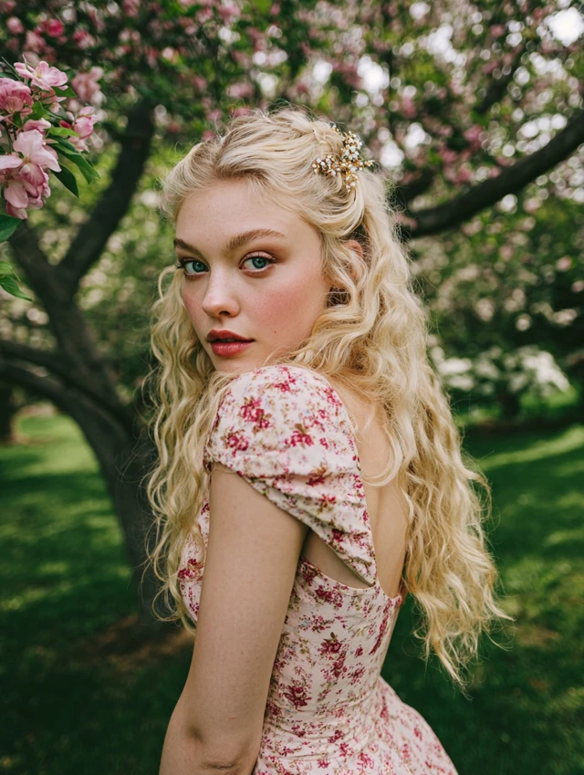 Blonde Model in Spring Park Floral Portrait