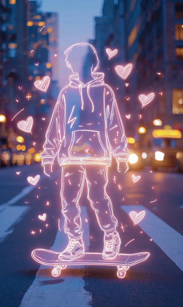 Neon Skateboarder in the City at Golden Hour