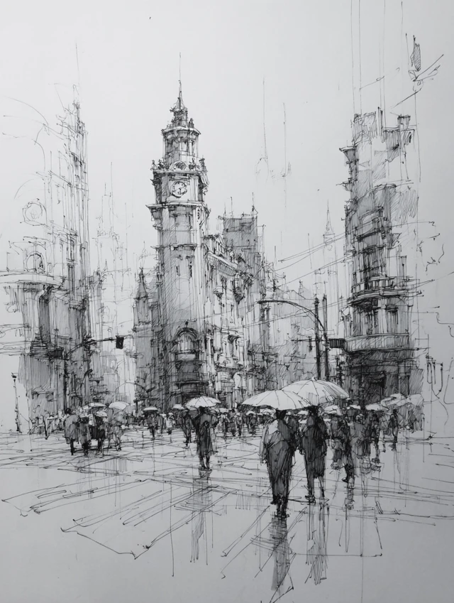 Rainy City Crossroads Sketch Illustration