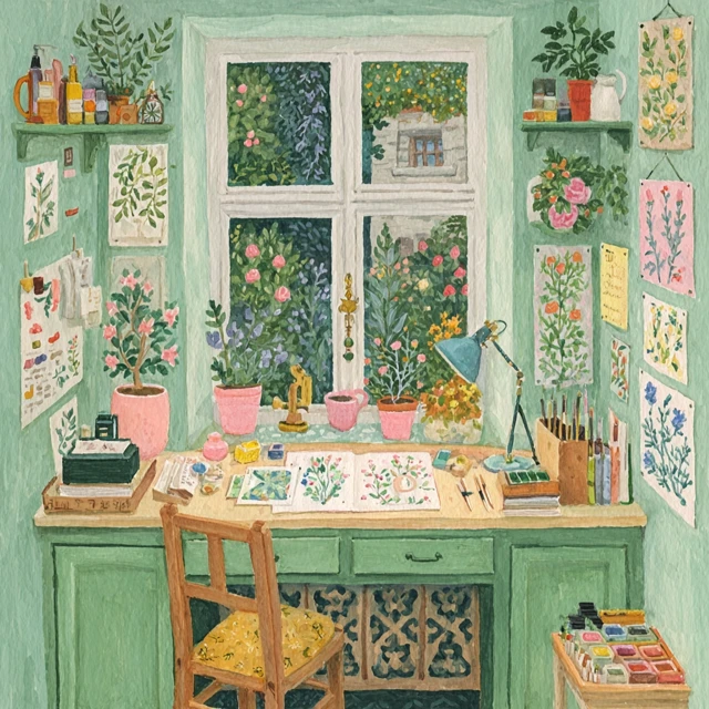Artists Studio Watercolor Illustration Garden View