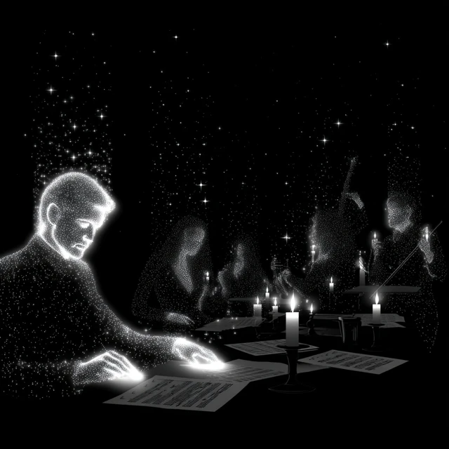 Candlelit Cafe Writer Jazz Notes Illustration