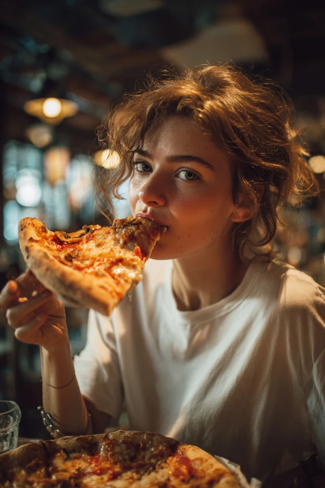 Woman Enjoying a Slice of Pizza