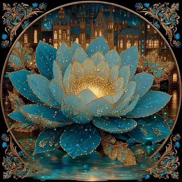 Fantasy Lotus Flower with Gothic City at Night