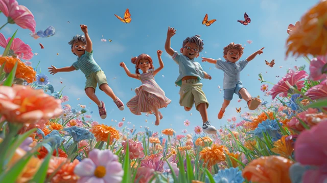 Kids Jumping in a Sunny Park 3D Cartoon Scene