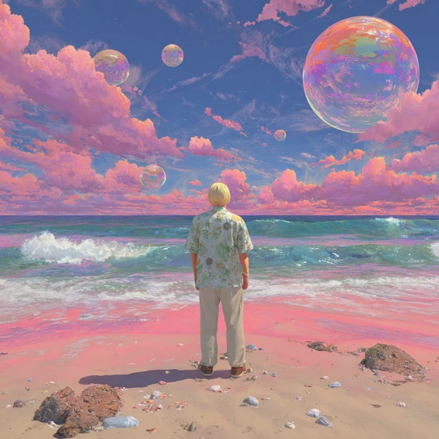 Dreamy Beach Scene Anime Boy Bubbles Rockets