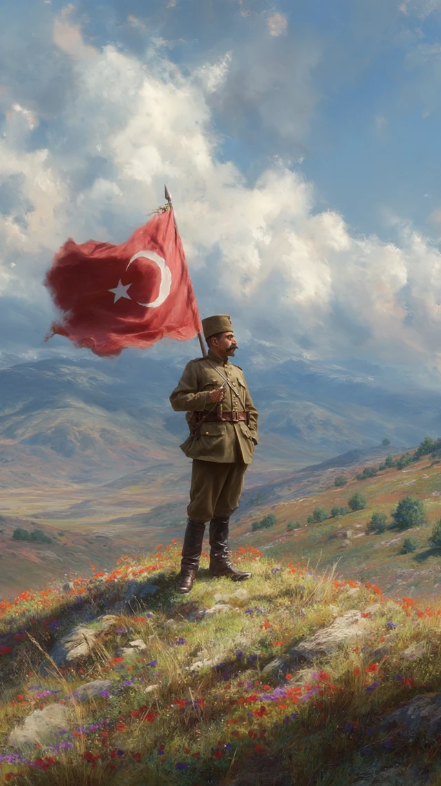 Turkish Soldier on Hilltop with Flag Dramatic Scene