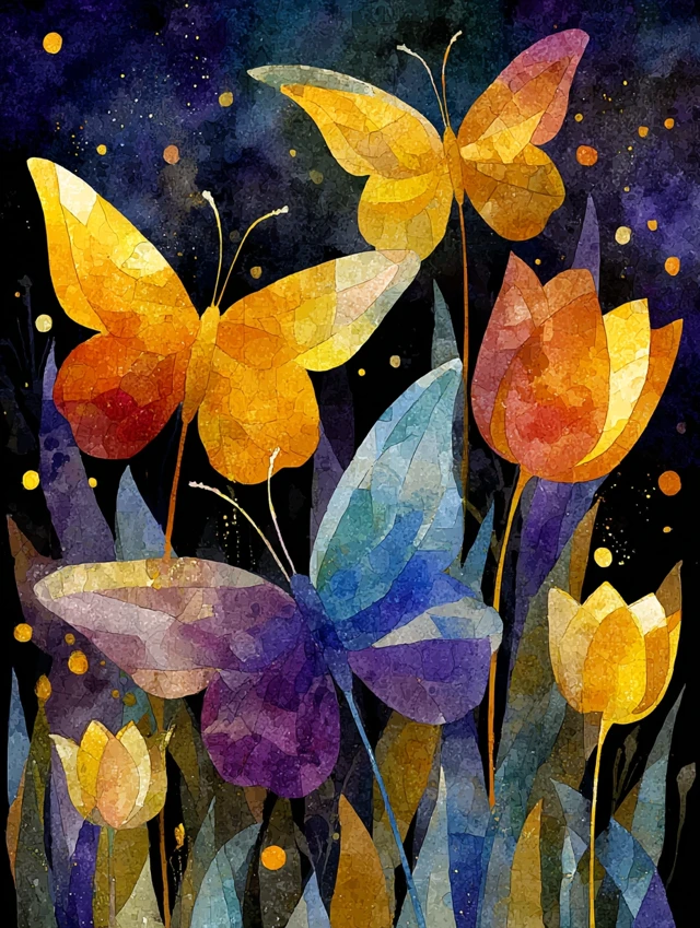 Butterflies and Tulips Watercolor Painting