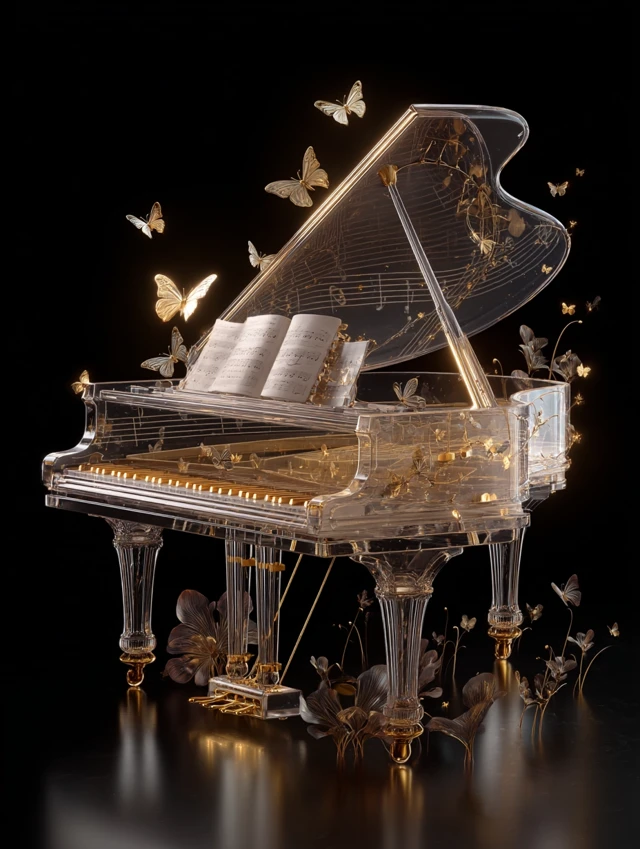 Glass Piano with Golden Flowers and Butterflies