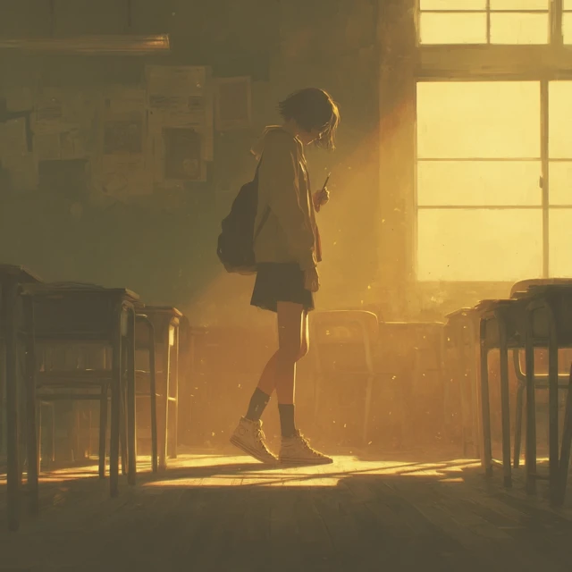 Melancholic Japanese Schoolgirl in Golden Hour