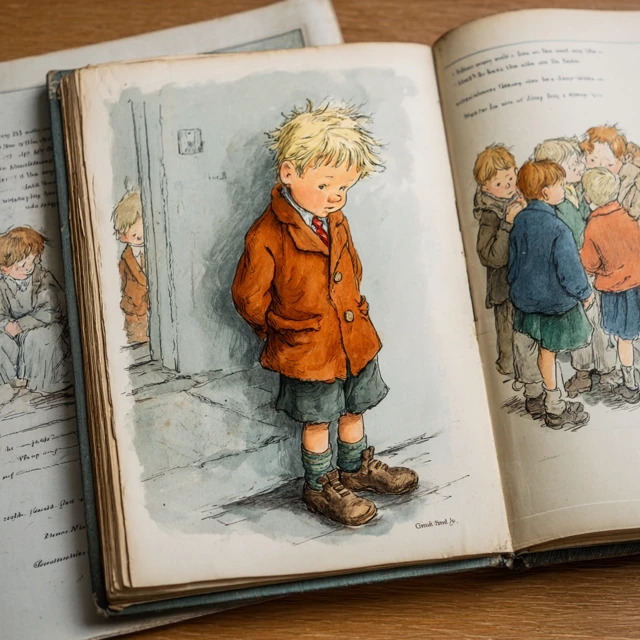 Mid Century Childrens Book Illustration Sad Boy