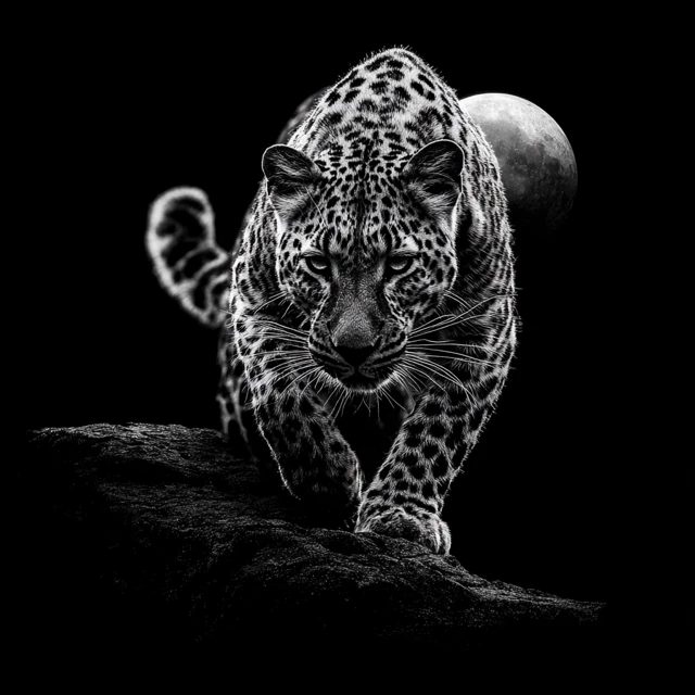 Leopard Leaping Silhouette Moon Black and White