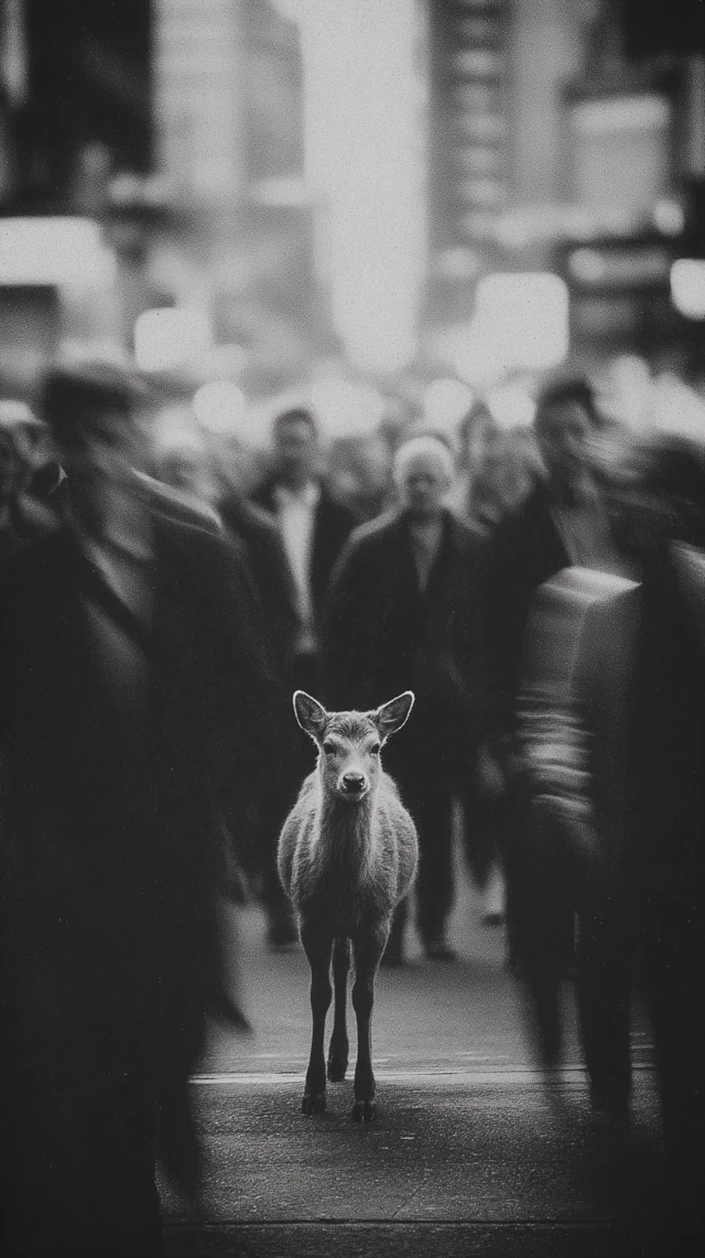 Fawn in City Intersection Black and White Photography