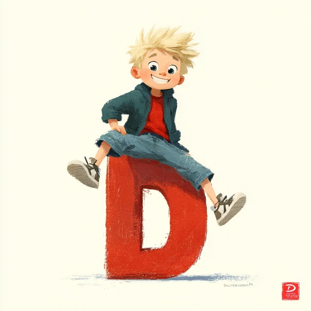Happy Boy on Letter D Character Concept Art