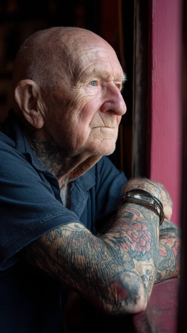 Tattooed Man at Window Old Building Pink Colors