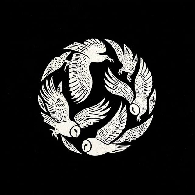 Owl Engraving: Circular Flight of Owls Illustration