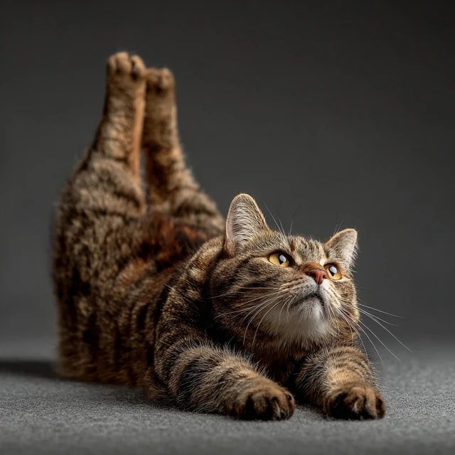 Brown Tabby Cat Stretching on Gray Background