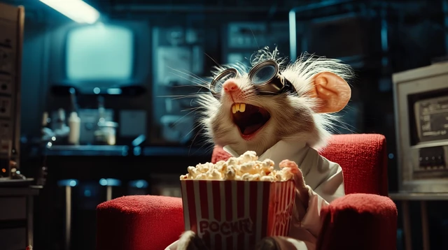 Mouse Watching TV with Popcorn in a Lab