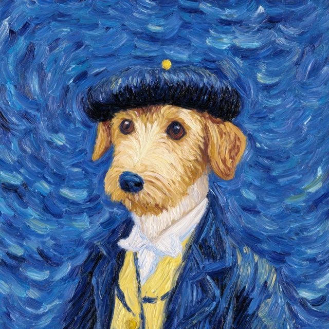 Dog in Beret and Suit Van Gogh Style Painting